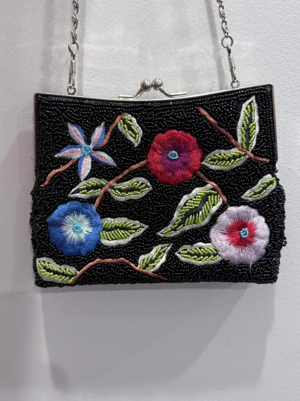 Embroidered Floral Beaded Black Evening Clutch with Chain